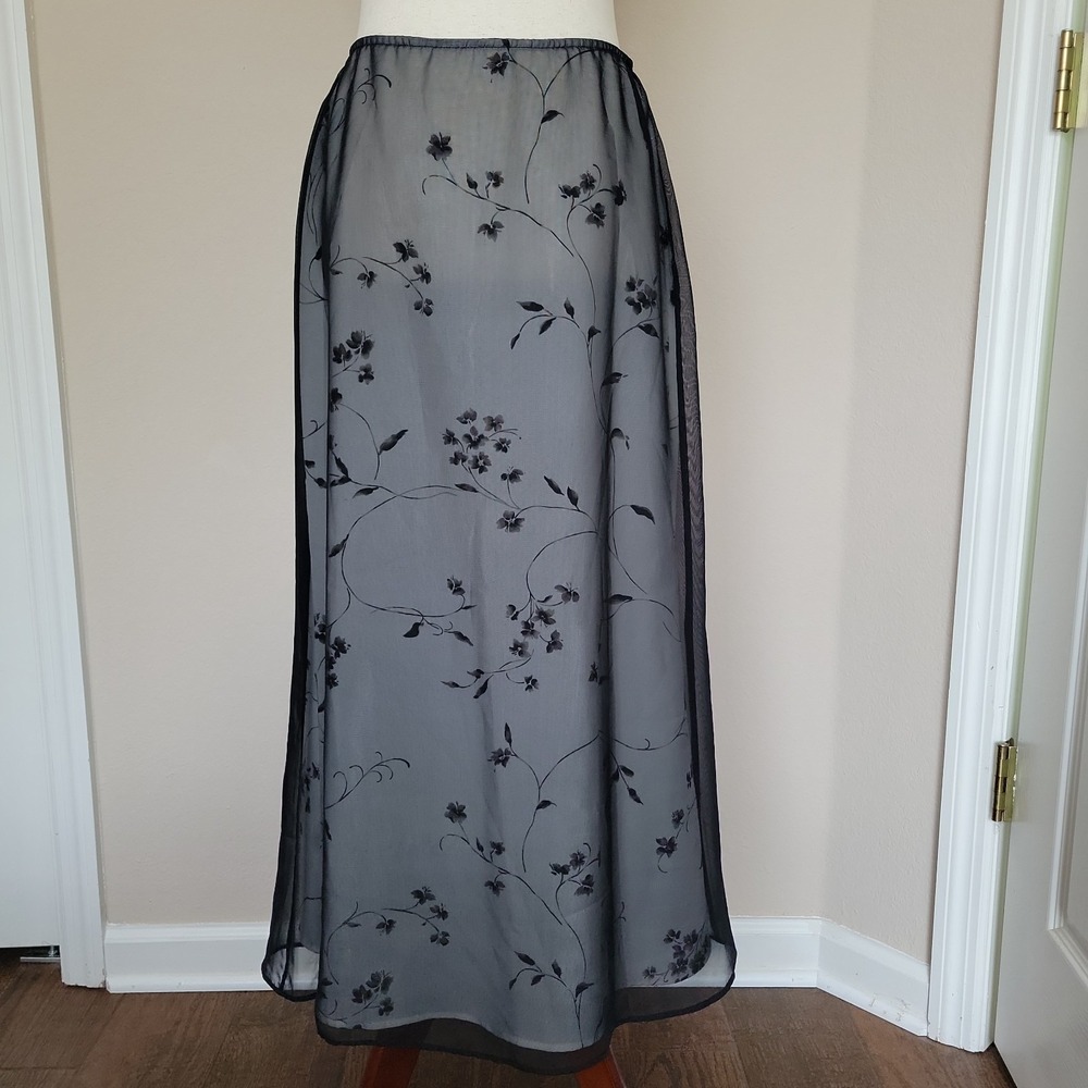Vintage Jones Co Mesh Floral Maxi Skirt Size 8 White Black Fairy Grunge Goth 90s